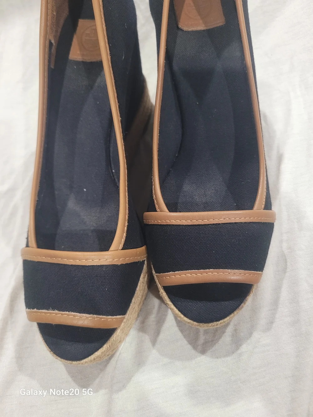 Tory Burch Black Tan Canvas Espadrille Wedge Sandals EUC 6.5